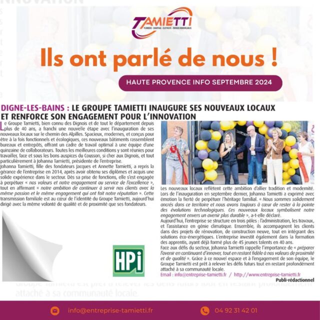 Zoom sur l'article paru dans HPI ! 📰Haute-Provence Info a consacré un bel article à l’inauguration de nos nouveaux locaux, et nous en sommes ravis 🎉Un grand merci pour cette mise en lumière ✨#entreprisetamietti #agc #hauteprovenceinfo #inaugurationlocaux